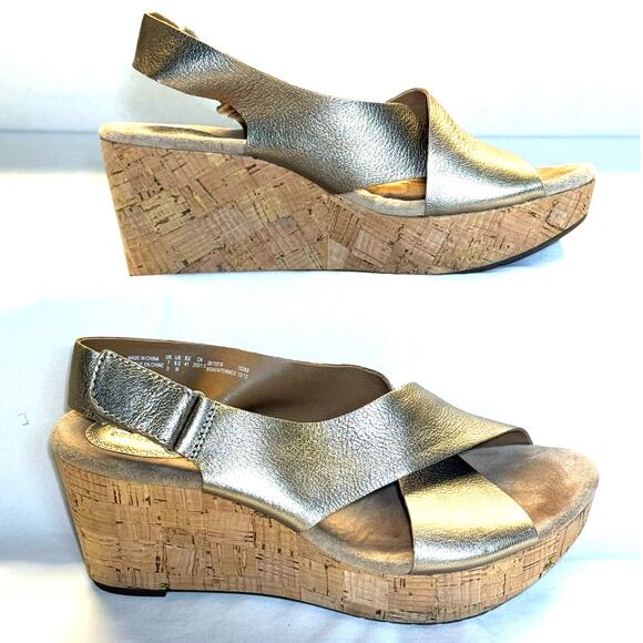 Clarks Annadel Eirwyn Cork Comfort Wedge Leather Sandal Women 9.5M Gold Metallic - Picture 2 of 7